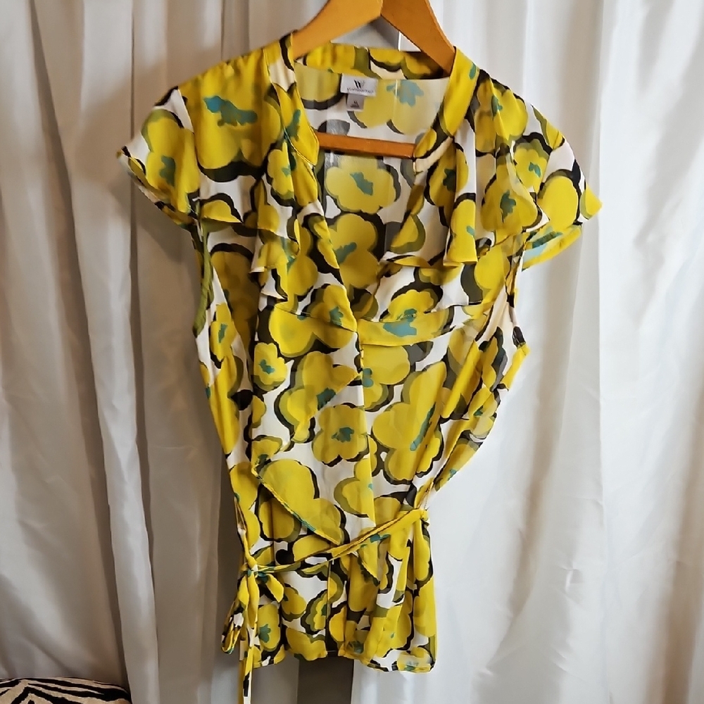 Worthington Yellow Floral Belted Blouse Sz Xl